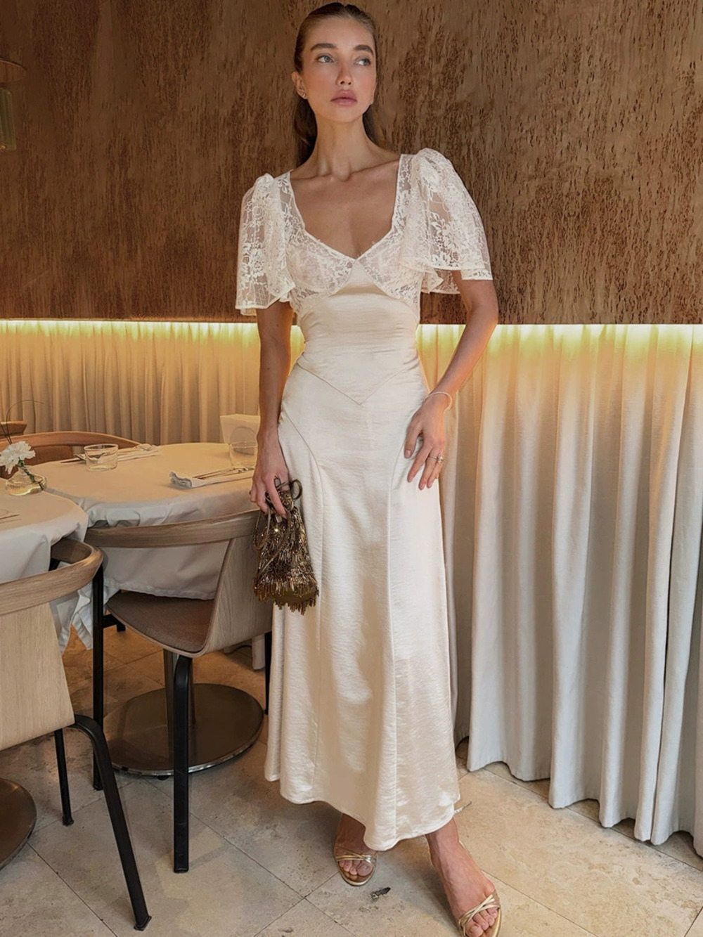 ZARA Elegant French Retro Lace Long Dress Slim Waist Soft Versatile for Women
